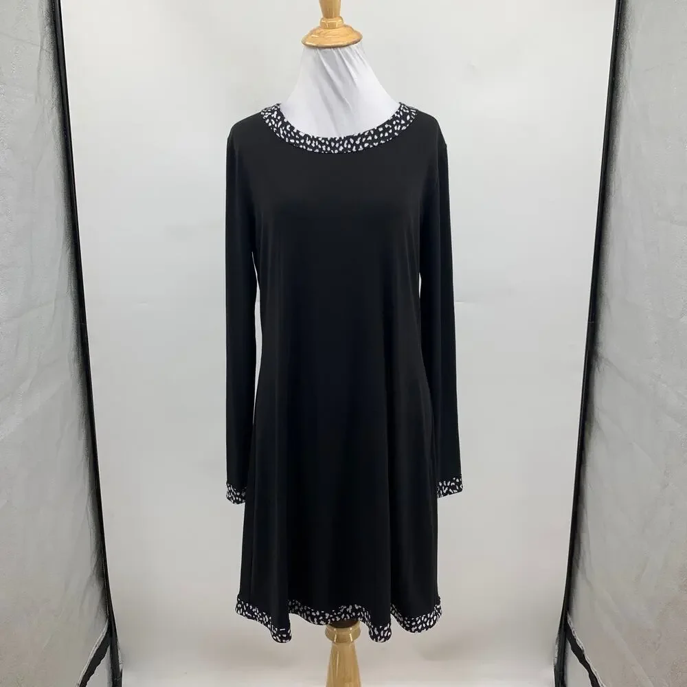 Michael Kors Dress Womens Large Black Jersey Animal Print Trim Crew Neck BackZip